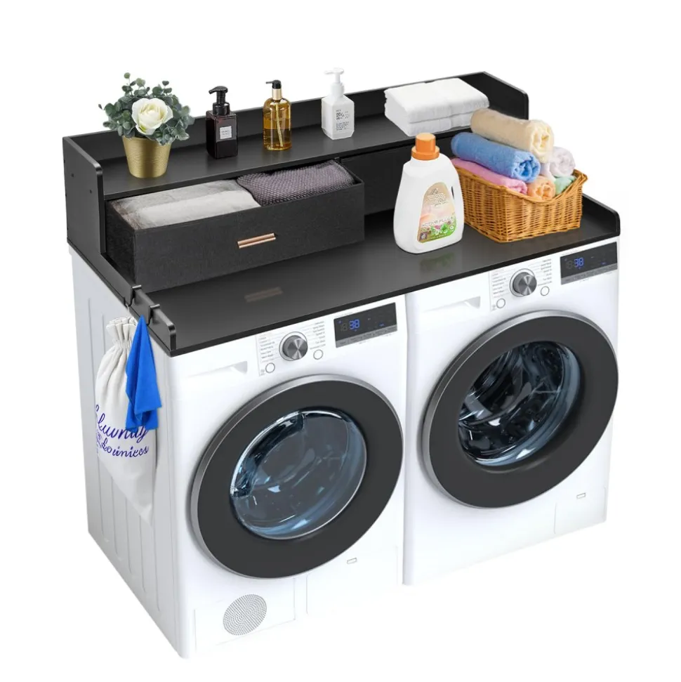 VEVOR 2 Drawers Washer Dryer Countertop with 2-Tier Shelf, 54" x 27" Wooden Washer and Dryer Countertop with Non-Slip Pads, Water-Resistant Laundry Topper for Laundry Room Organization, Black