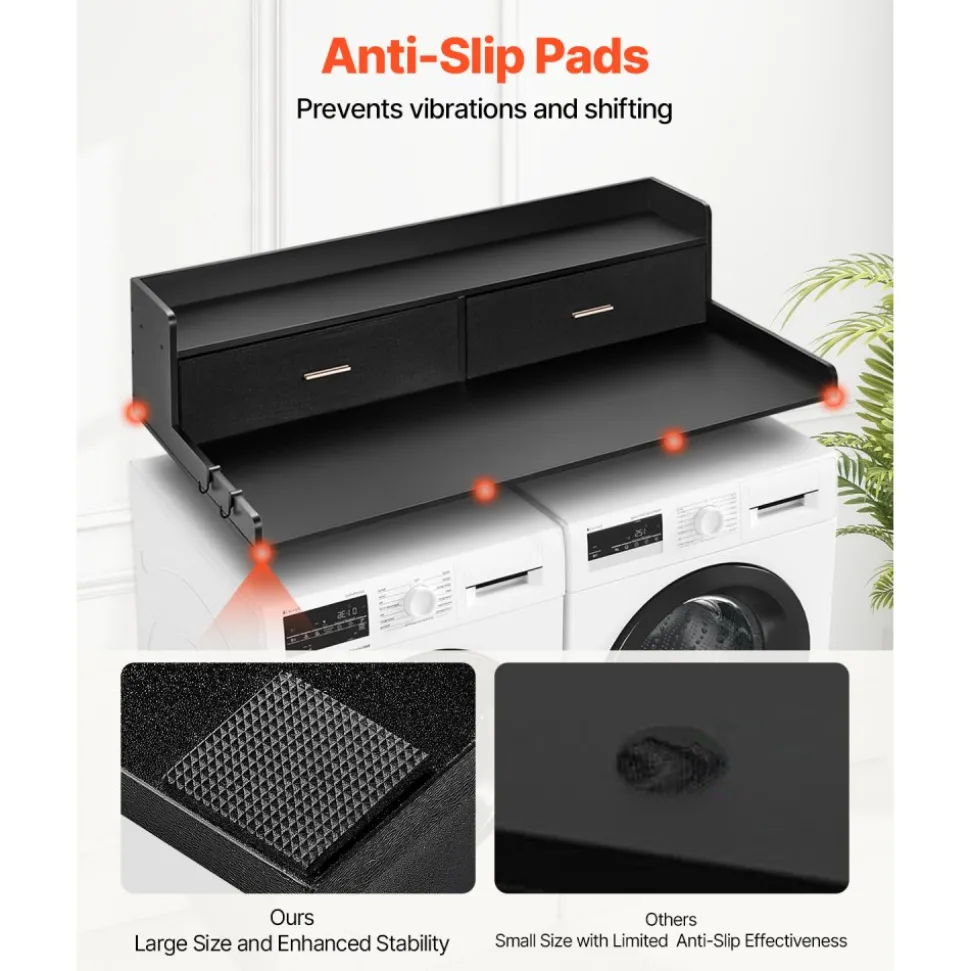 VEVOR 2 Drawers Washer Dryer Countertop with 2-Tier Shelf, 54" x 27" Wooden Washer and Dryer Countertop with Non-Slip Pads, Water-Resistant Laundry Topper for Laundry Room Organization, Black