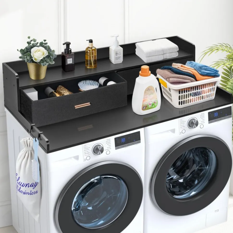 VEVOR 2 Drawers Washer Dryer Countertop with 2-Tier Shelf, 54" x 27" Wooden Washer and Dryer Countertop with Non-Slip Pads, Water-Resistant Laundry Topper for Laundry Room Organization, Black