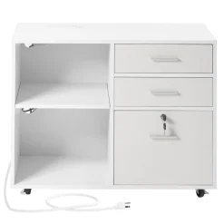 VEVOR 3 Drawer Wooden File Cabinet, Mobile Filing Cabinet with Light Strip, Lockable Rolling File Storage with Adjustable Shelves & 5 Wheels, Free Standing Printer Stand for Home Office School, White