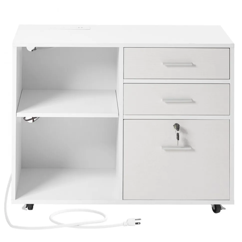 VEVOR 3 Drawer Wooden File Cabinet, Mobile Filing Cabinet with Light Strip, Lockable Rolling File Storage with Adjustable Shelves & 5 Wheels, Free Standing Printer Stand for Home Office School, White