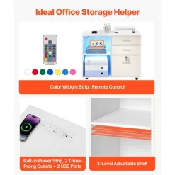 VEVOR 3 Drawer Wooden File Cabinet, Mobile Filing Cabinet with Light Strip, Lockable Rolling File Storage with Adjustable Shelves & 5 Wheels, Free Standing Printer Stand for Home Office School, White