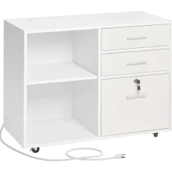 VEVOR 3 Drawer Wooden File Cabinet, Mobile Filing Cabinet with Light Strip, Lockable Rolling File Storage with Adjustable Shelves & 5 Wheels, Free Standing Printer Stand for Home Office School, White