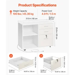 VEVOR 3 Drawer Wooden File Cabinet, Mobile Filing Cabinet with Light Strip, Lockable Rolling File Storage with Adjustable Shelves & 5 Wheels, Free Standing Printer Stand for Home Office School, White