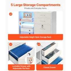 VEVOR 3 Drawer Wooden File Cabinet, Mobile Filing Cabinet with Light Strip, Lockable Rolling File Storage with Adjustable Shelves & 5 Wheels, Free Standing Printer Stand for Home Office School, White