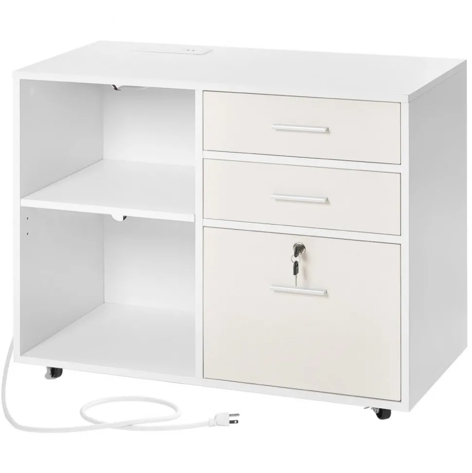 VEVOR 3 Drawer Wooden File Cabinet, Mobile Filing Cabinet with Light Strip, Lockable Rolling File Storage with Adjustable Shelves & 5 Wheels, Free Standing Printer Stand for Home Office School, White