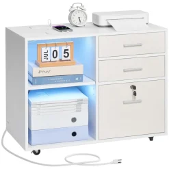 VEVOR 3 Drawer Wooden File Cabinet, Mobile Filing Cabinet with Light Strip, Lockable Rolling File Storage with Adjustable Shelves & 5 Wheels, Free Standing Printer Stand for Home Office School, White