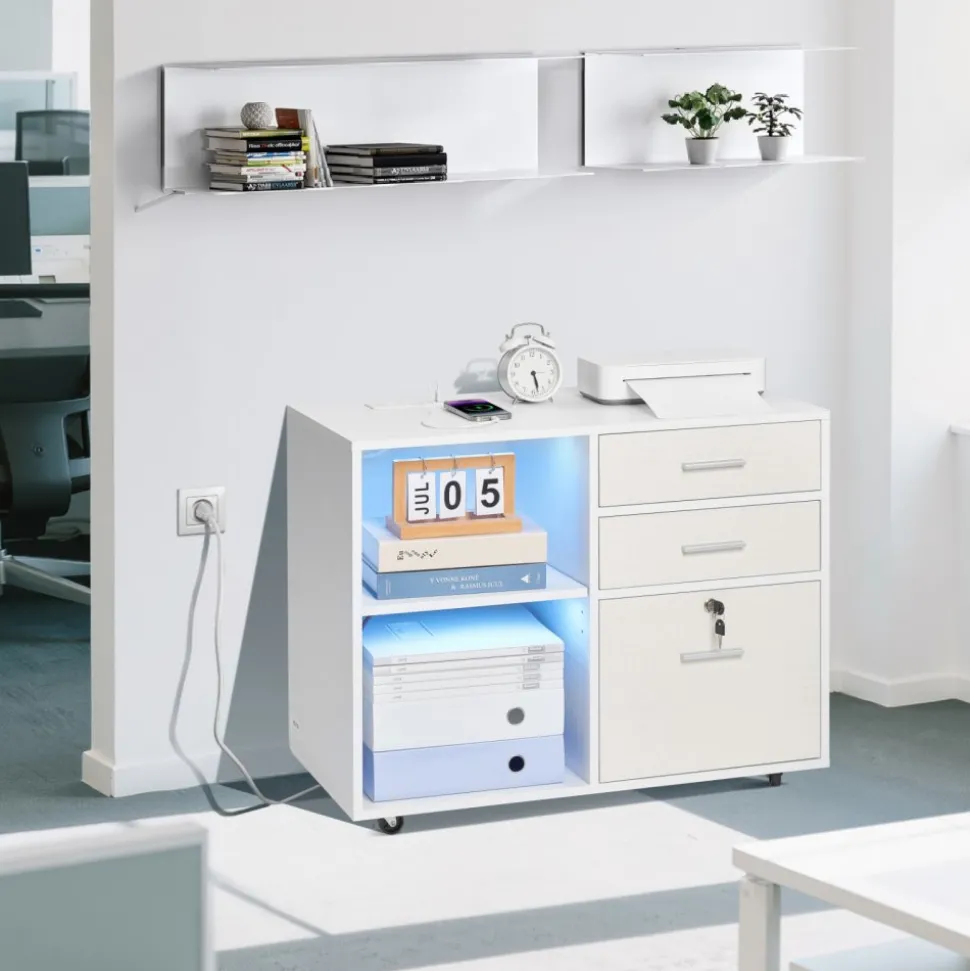 VEVOR 3 Drawer Wooden File Cabinet, Mobile Filing Cabinet with Light Strip, Lockable Rolling File Storage with Adjustable Shelves & 5 Wheels, Free Standing Printer Stand for Home Office School, White