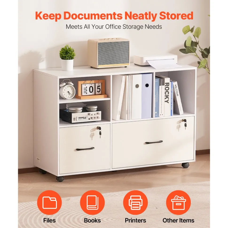 VEVOR 2 Drawer Wooden File Cabinet, Mobile Filing Cabinet with Open Shelves, Lockable Lateral Rolling File Storage with Adjustable Shelves, Free Standing Printer Stand for Home Office School, White