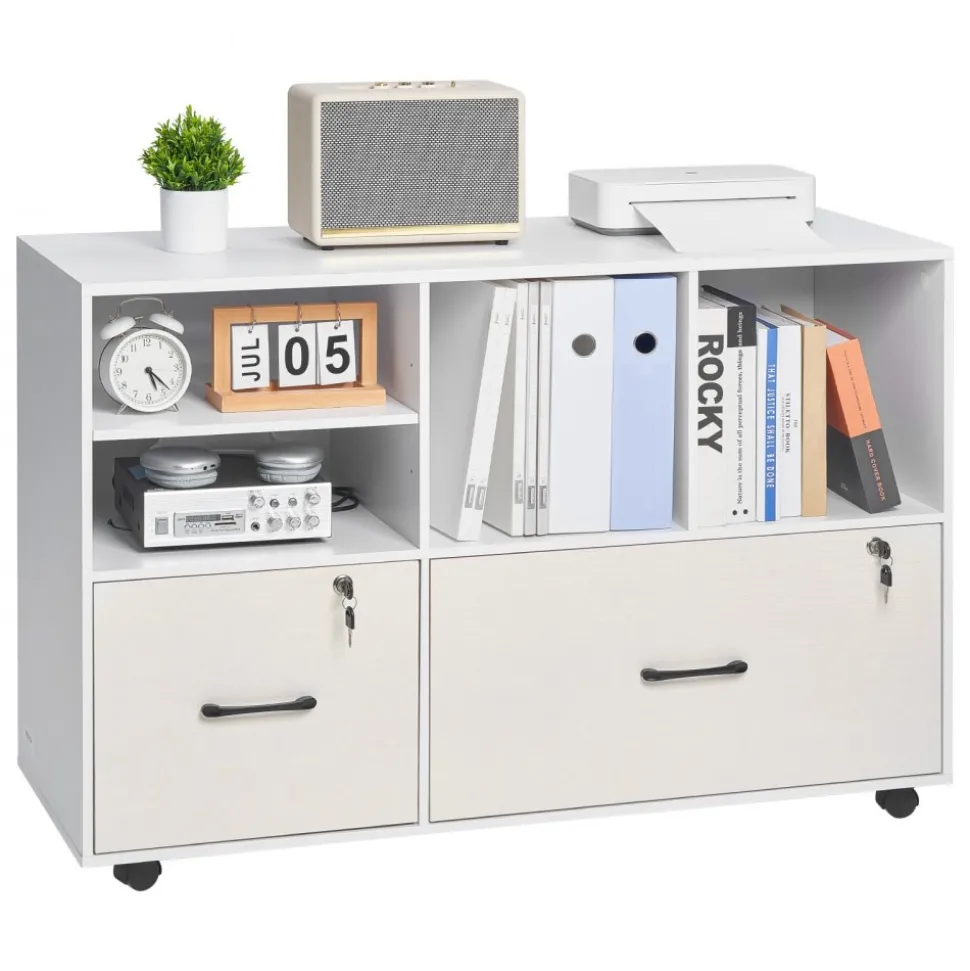 VEVOR 2 Drawer Wooden File Cabinet, Mobile Filing Cabinet with Open Shelves, Lockable Lateral Rolling File Storage with Adjustable Shelves, Free Standing Printer Stand for Home Office School, White