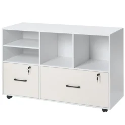 VEVOR 2 Drawer Wooden File Cabinet, Mobile Filing Cabinet with Open Shelves, Lockable Lateral Rolling File Storage with Adjustable Shelves, Free Standing Printer Stand for Home Office School, White