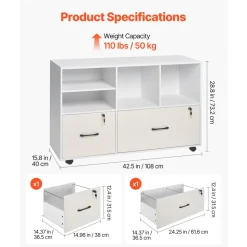 VEVOR 2 Drawer Wooden File Cabinet, Mobile Filing Cabinet with Open Shelves, Lockable Lateral Rolling File Storage with Adjustable Shelves, Free Standing Printer Stand for Home Office School, White