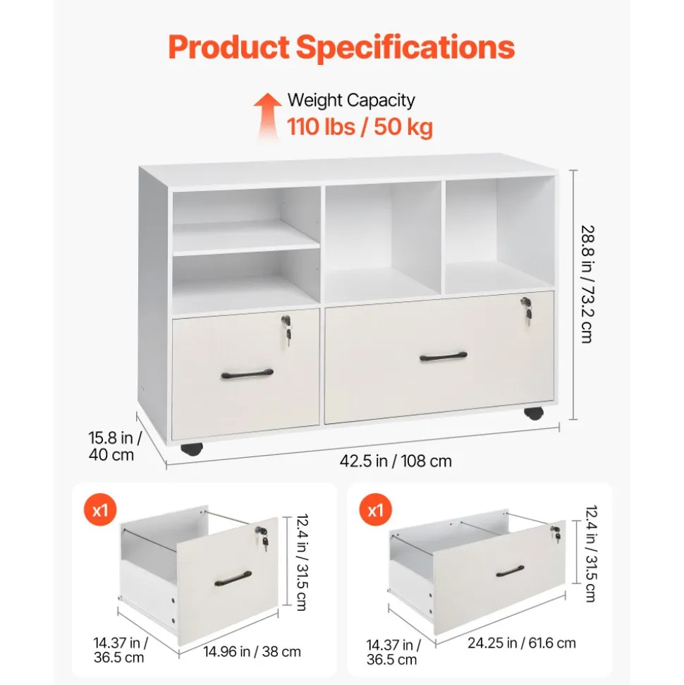 VEVOR 2 Drawer Wooden File Cabinet, Mobile Filing Cabinet with Open Shelves, Lockable Lateral Rolling File Storage with Adjustable Shelves, Free Standing Printer Stand for Home Office School, White