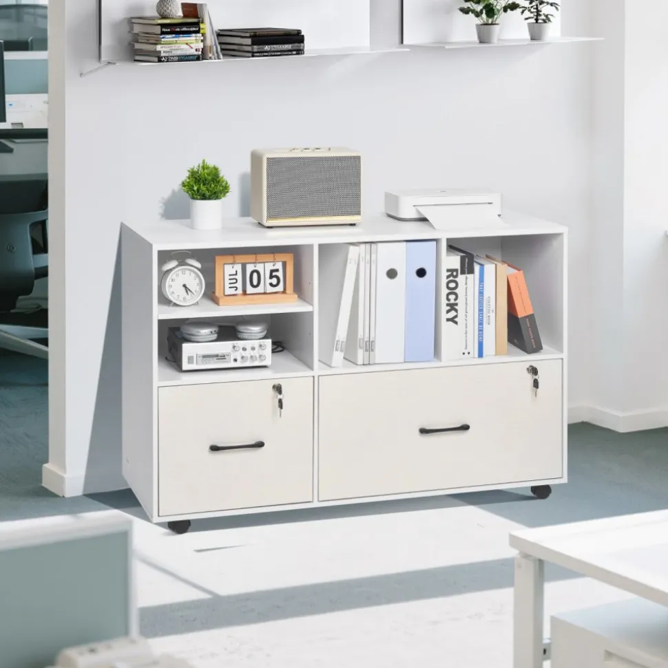 VEVOR 2 Drawer Wooden File Cabinet, Mobile Filing Cabinet with Open Shelves, Lockable Lateral Rolling File Storage with Adjustable Shelves, Free Standing Printer Stand for Home Office School, White