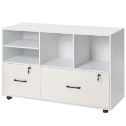 VEVOR 2 Drawer Wooden File Cabinet, Mobile Filing Cabinet with Open Shelves, Lockable Lateral Rolling File Storage with Adjustable Shelves, Free Standing Printer Stand for Home Office School, White