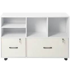 VEVOR 2 Drawer Wooden File Cabinet, Mobile Filing Cabinet with Open Shelves, Lockable Lateral Rolling File Storage with Adjustable Shelves, Free Standing Printer Stand for Home Office School, White