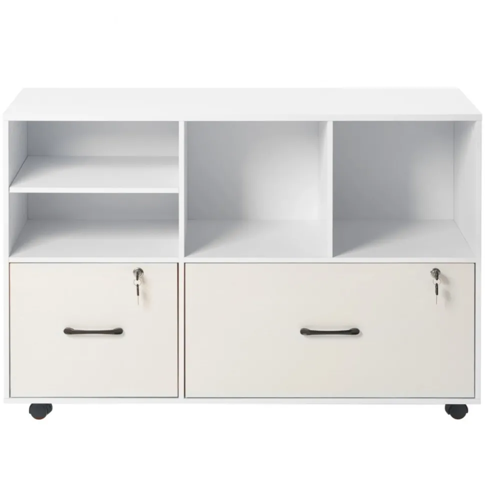 VEVOR 2 Drawer Wooden File Cabinet, Mobile Filing Cabinet with Open Shelves, Lockable Lateral Rolling File Storage with Adjustable Shelves, Free Standing Printer Stand for Home Office School, White