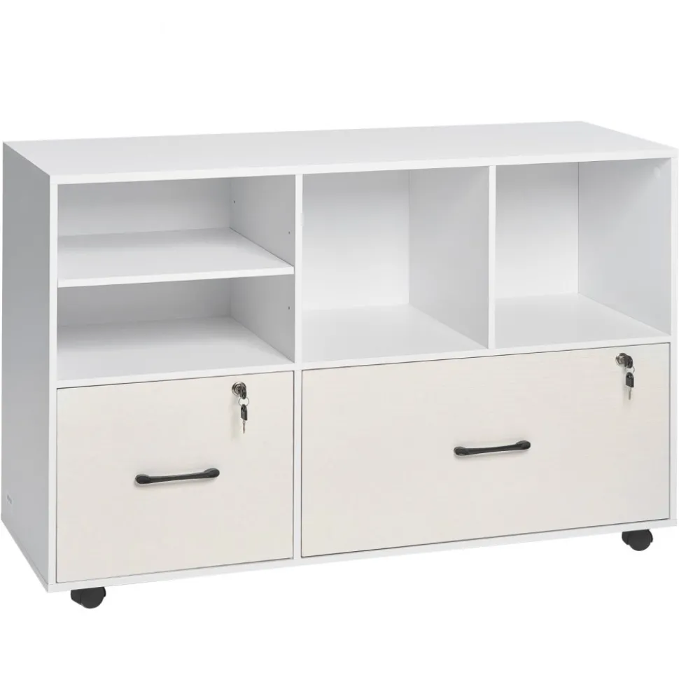 VEVOR 2 Drawer Wooden File Cabinet, Mobile Filing Cabinet with Open Shelves, Lockable Lateral Rolling File Storage with Adjustable Shelves, Free Standing Printer Stand for Home Office School, White