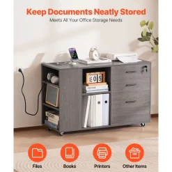 VEVOR 3 Drawer Wooden File Cabinet, Mobile Filing Cabinet with Power Strip, Lockable Rolling File Storage with Adjustable Shelves & 5 Wheels, Floor Standing Printer Stand for Home Office School, Gray