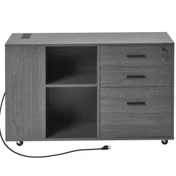 VEVOR 3 Drawer Wooden File Cabinet, Mobile Filing Cabinet with Power Strip, Lockable Rolling File Storage with Adjustable Shelves & 5 Wheels, Floor Standing Printer Stand for Home Office School, Gray