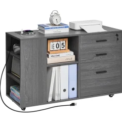 VEVOR 3 Drawer Wooden File Cabinet, Mobile Filing Cabinet with Power Strip, Lockable Rolling File Storage with Adjustable Shelves & 5 Wheels, Floor Standing Printer Stand for Home Office School, Gray