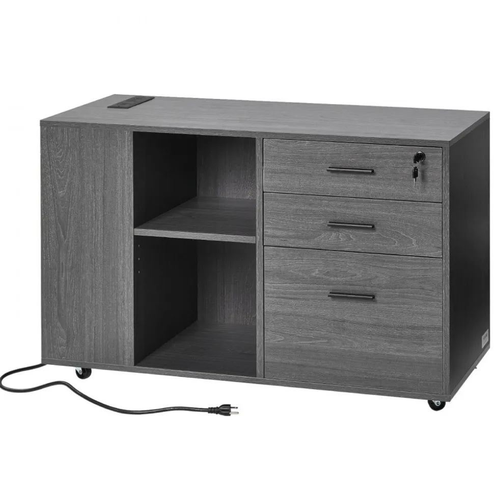 VEVOR 3 Drawer Wooden File Cabinet, Mobile Filing Cabinet with Power Strip, Lockable Rolling File Storage with Adjustable Shelves & 5 Wheels, Floor Standing Printer Stand for Home Office School, Gray