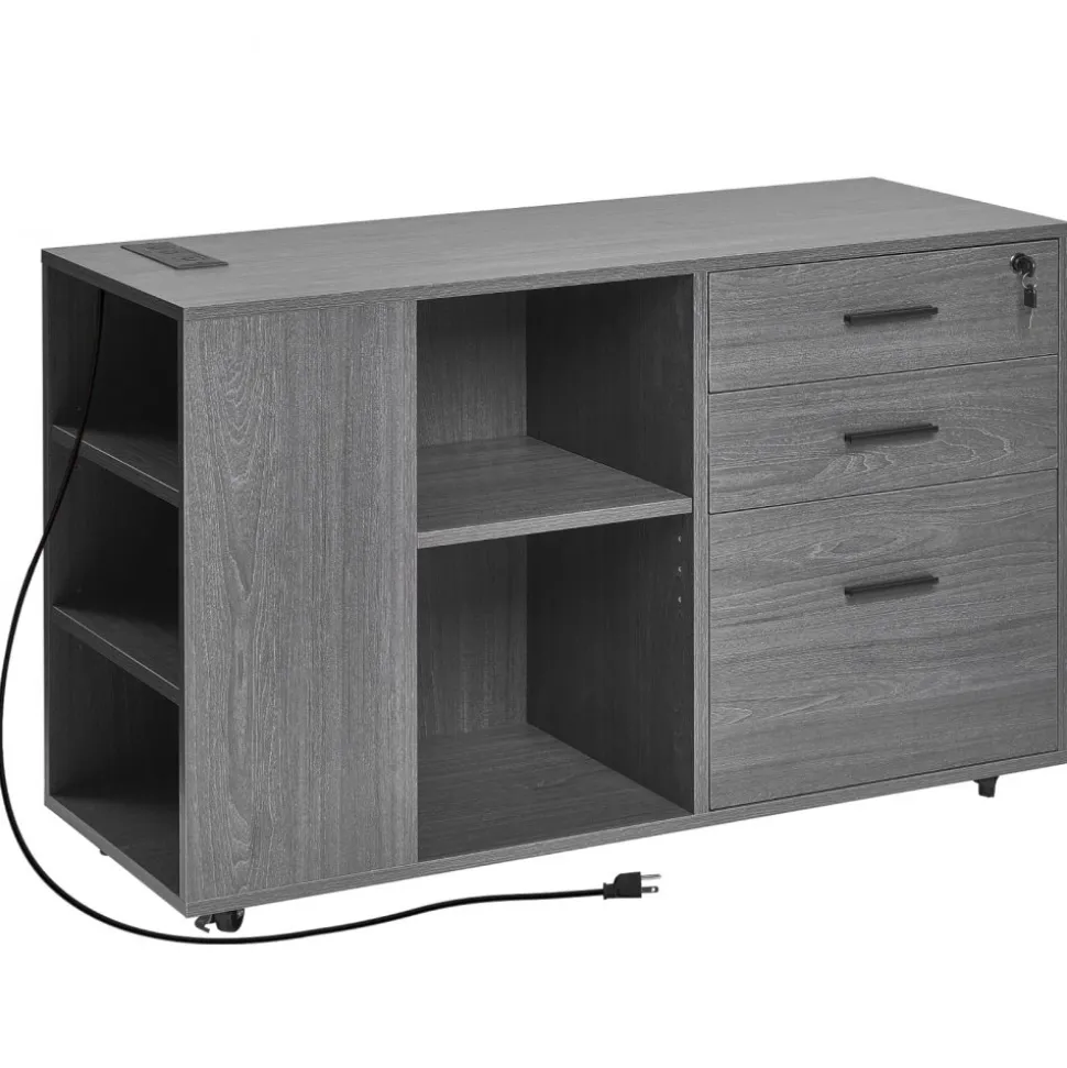 VEVOR 3 Drawer Wooden File Cabinet, Mobile Filing Cabinet with Power Strip, Lockable Rolling File Storage with Adjustable Shelves & 5 Wheels, Floor Standing Printer Stand for Home Office School, Gray