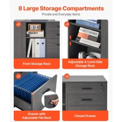 VEVOR 3 Drawer Wooden File Cabinet, Mobile Filing Cabinet with Power Strip, Lockable Rolling File Storage with Adjustable Shelves & 5 Wheels, Floor Standing Printer Stand for Home Office School, Gray