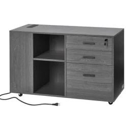 VEVOR 3 Drawer Wooden File Cabinet, Mobile Filing Cabinet with Power Strip, Lockable Rolling File Storage with Adjustable Shelves & 5 Wheels, Floor Standing Printer Stand for Home Office School, Gray
