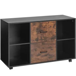 VEVOR 2 Drawer Wooden File Cabinet, Mobile Filing Cabinet with Open Shelves, Lateral Rolling File Storage with Lockable Wheels, Modern Free Standing Printer Stand for Home, Office, School, Black