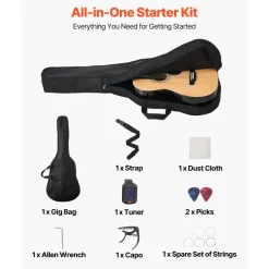 VEVOR Dreadnought Acoustic Guitar, 36 in, 6-String Natural Solid Top Guitar, Portable Bundle with Gig Bag, Tuner, Strap, Steel Strings, Picks, Capo, Rosewood Fingerboard, for Beginner Teen Small Hands