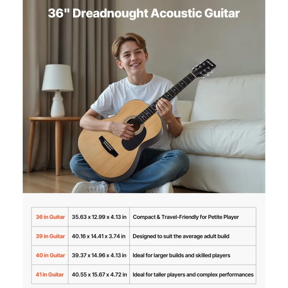 VEVOR Dreadnought Acoustic Guitar, 36 in, 6-String Natural Solid Top Guitar, Portable Bundle with Gig Bag, Tuner, Strap, Steel Strings, Picks, Capo, Rosewood Fingerboard, for Beginner Teen Small Hands