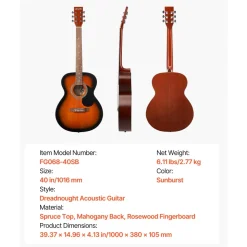 VEVOR Dreadnought Acoustic Guitar, 40 in, 6-String Sunburst Solid Top Guitar, Beginner Bundle with Gig Bag, Tuner, Strap, Steel Strings, Picks, Capo, Rosewood Fingerboard, for Adults, Skilled Players