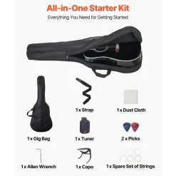 VEVOR Dreadnought Acoustic Guitar, 41 in, 6-String Black Solid Spruce Top Guitar, Beginner Bundle with Gig Bag, Tuner, Strap, Steel Strings, Picks, Capo, Rosewood Fingerboard, for Adult Taller Player