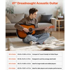 VEVOR Dreadnought Acoustic Guitar, 39 in, 6-String Natural Solid Spruce Top Guitar, Portable Bundle with Gig Bag, Tuner, Strap, Steel Strings, Picks, Capo, Rosewood Fingerboard, for Beginner Adults