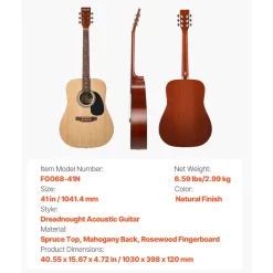 VEVOR Dreadnought Acoustic Guitar, 41 in, 6-String Natural Solid Spruce Top Guitar, Beginner Bundle with Gig Bag, Tuner, Strap, Strings, Picks, Capo, Rosewood Fingerboard, for Adults Taller Players