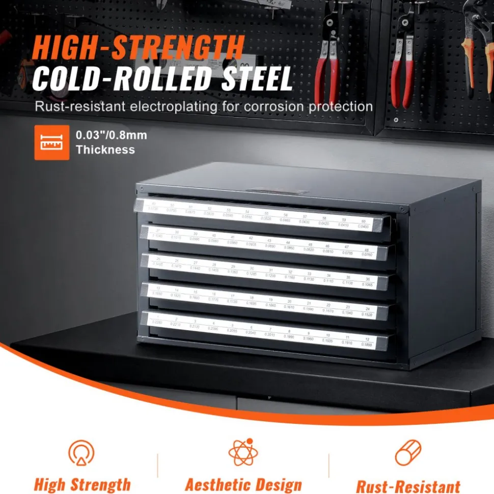 VEVOR Drill Bit Dispenser Cabinet, Five-Drawer Drill Bit Organizer Cabinet for #1 to #60 Steel Drill Dispenser Organizer Cabinet with Labels, Stackable Drill Dispenser for Drill Bit Storage