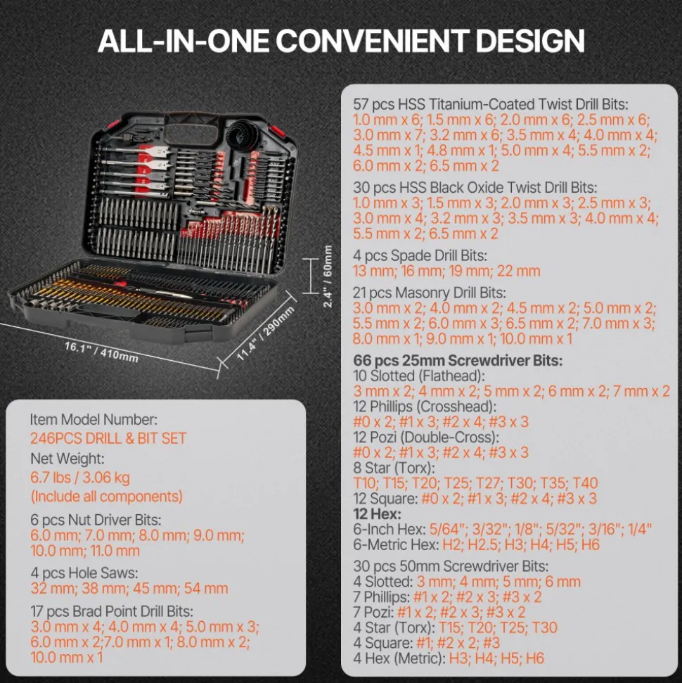 VEVOR Drill Bit Set, 246 Pieces Drill and Driver Bit Set, Screwdriver Bit Set Suitable for Wood Metal Cement Drilling and Screw Driving, Drill Bit Sets Combo Kit Assorted in Organized Carrying Case