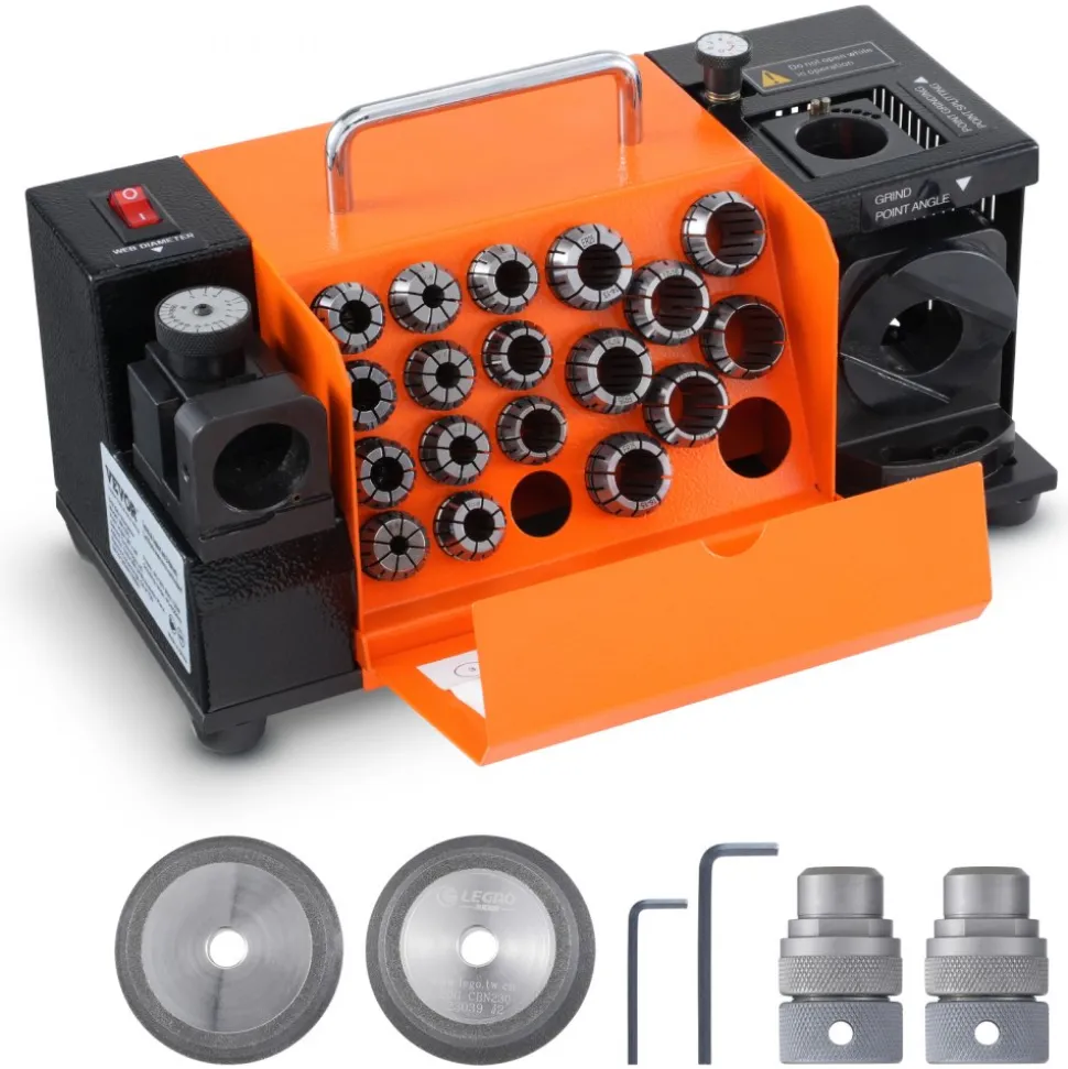 VEVOR Drill Bits Sharpener, 3-20mm End Mill Grinder Sharpener, Lip Relief Angle & 95°-135° Point Angle Adjustable Drill Bit Re-Sharpener, Portable Sharpening Machine with 18 Collets, CBN & SDC Wheel