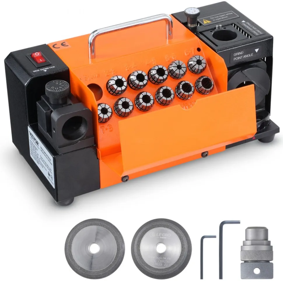 VEVOR Drill Bits Sharpener, 3-13mm Drill Bits Grinder Sharpener, Lip Relief Angle & 95°-135° Point Angle Adjustable Drill Bit Re-Sharpener, Portable Sharpening Machine with 11 Collets, CBN & SDC Wheel
