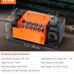 VEVOR Drill Bits Sharpener, 3-13mm Drill Bits Grinder Sharpener, Lip Relief Angle & 95°-135° Point Angle Adjustable Drill Bit Re-Sharpener, Portable Sharpening Machine with 11 Collets, CBN & SDC Wheel