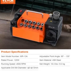 VEVOR Drill Bits Sharpener, MR-13A End Mill Grinder Sharpener 3-13mm, 95° to 135° Point Angle Adjustable Drill Bit Re-Sharpener, Portable Bits Sharpening Machine with 11 Collets, CBN Wheel for HSS