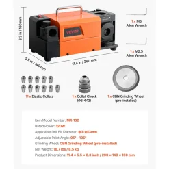 VEVOR Drill Bits Sharpener MR-13A+, 3-15mm Drill Bit Grinder Sharpener with 95°-135° Adjustable Point Angle, 5800RPM High Speed Re-Sharpening Machine with 13 Collets & CBN Wheel for Workshops Garages