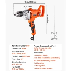 VEVOR Drill Mixer, 5/8 inch Corded Electric Drill Mixer Set, 0-850RPM 5.8A Mixing Drills, Mixing Drills Machine with D-Handle for Drilling & Blending, Handheld Cement Mixers for Fodder, Paint, Cement
