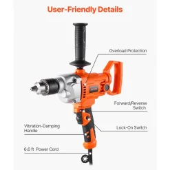 VEVOR Drill Mixer, 5/8 inch Corded Electric Drill Mixer Set, 0-850RPM 5.8A Mixing Drills, Mixing Drills Machine with D-Handle for Drilling & Blending, Handheld Cement Mixers for Fodder, Paint, Cement