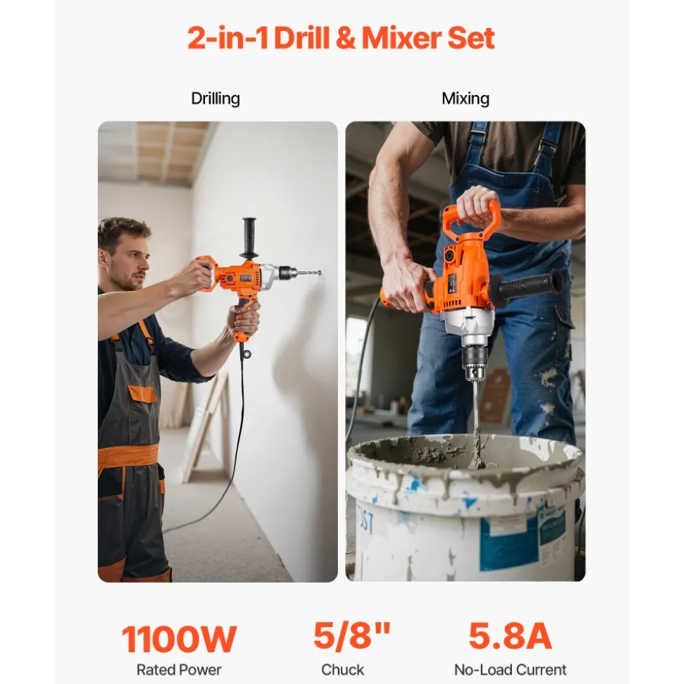 VEVOR Drill Mixer, 5/8 inch Corded Electric Drill Mixer Set, 0-850RPM 5.8A Mixing Drills, Mixing Drills Machine with D-Handle for Drilling & Blending, Handheld Cement Mixers for Fodder, Paint, Cement