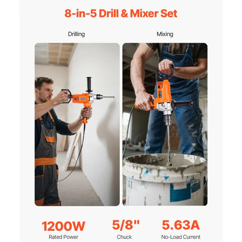 VEVOR Drill Mixer, 5/8 inch Corded Electric Drill Mixer Set, 0-750RPM 5.63A Mixing Drills, Mixing Drills Machine with D-Handle for Drilling & Blending, Handheld Cement Mixers for Fodder, Paint, Cement