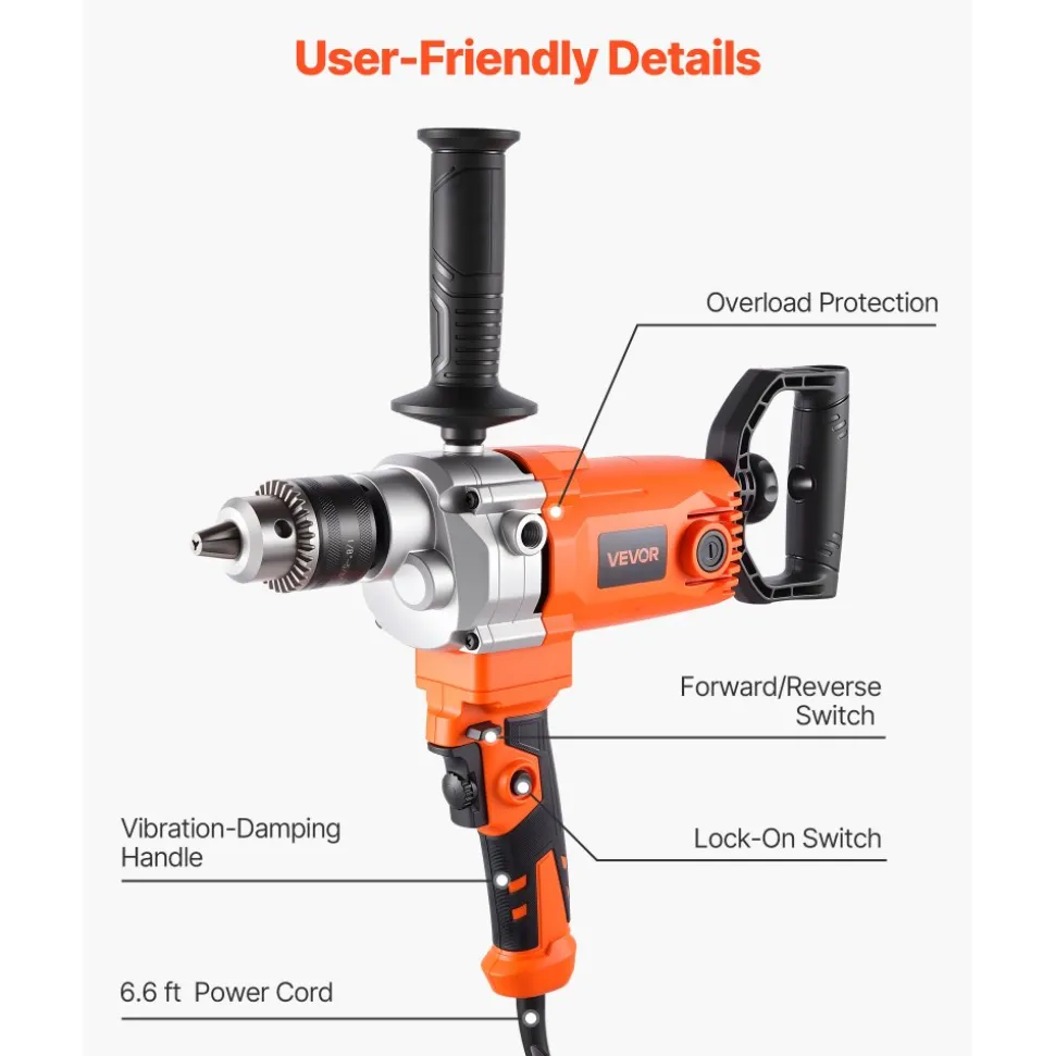 VEVOR Drill Mixer, 5/8 inch Corded Electric Drill Mixer Set, 0-750RPM 5.63A Mixing Drills, Mixing Drills Machine with D-Handle for Drilling & Blending, Handheld Cement Mixers for Fodder, Paint, Cement