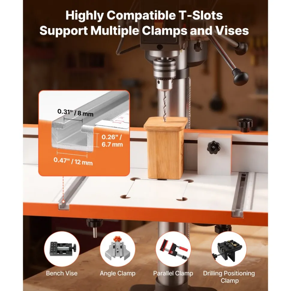 VEVOR Drill Press Table, 24 in x 12 in, Worktable with an Adjustable Fence and Stop Block, Highly Compatible T-Slots, MDF Tabletop, Built-In Scale, Support Multiple Clamps and Vises, for Drill Presses