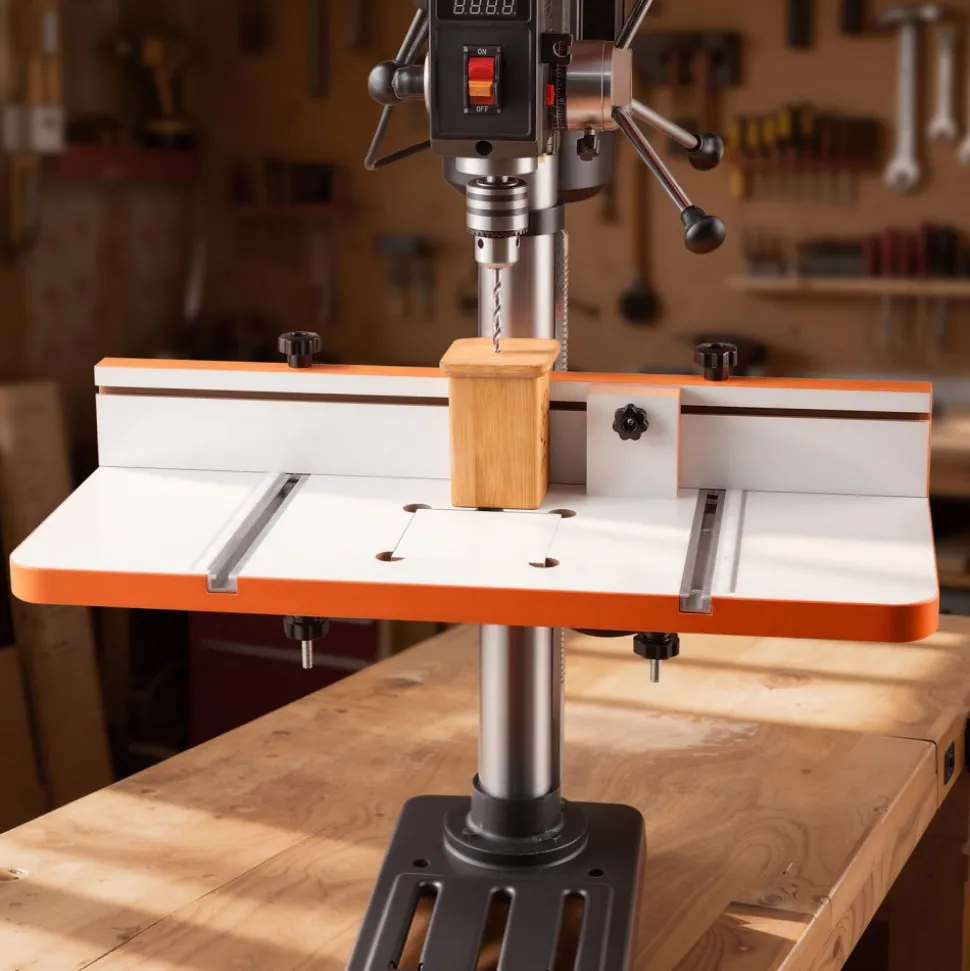 VEVOR Drill Press Table, 24 in x 12 in, Worktable with an Adjustable Fence and Stop Block, Highly Compatible T-Slots, MDF Tabletop, Built-In Scale, Support Multiple Clamps and Vises, for Drill Presses